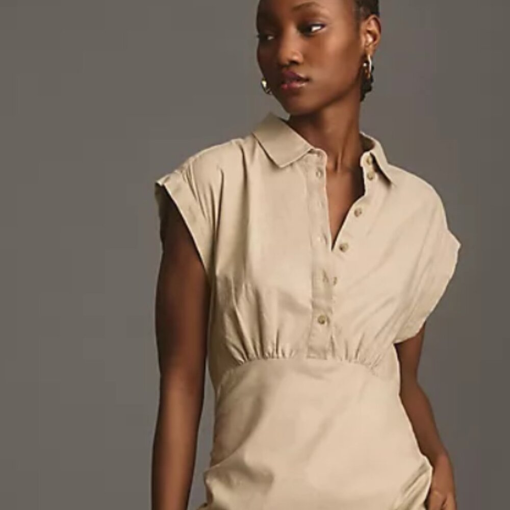 Anthropologie Cap-Sleeve V-Neck Ruched Slim Midi Dress (XL)